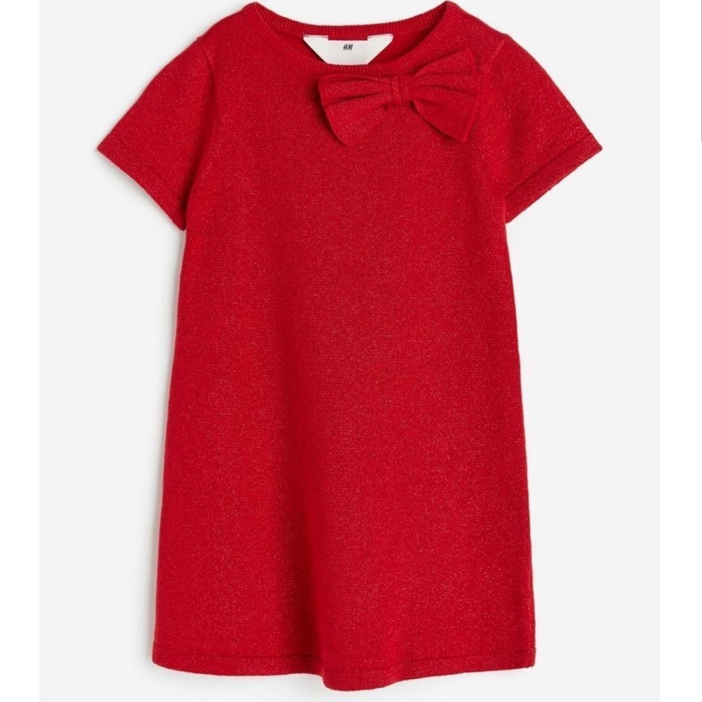 NWT H&M Glittery Shimmery Red Fine Knit Bow Holiday Christmas Valentine's Dress